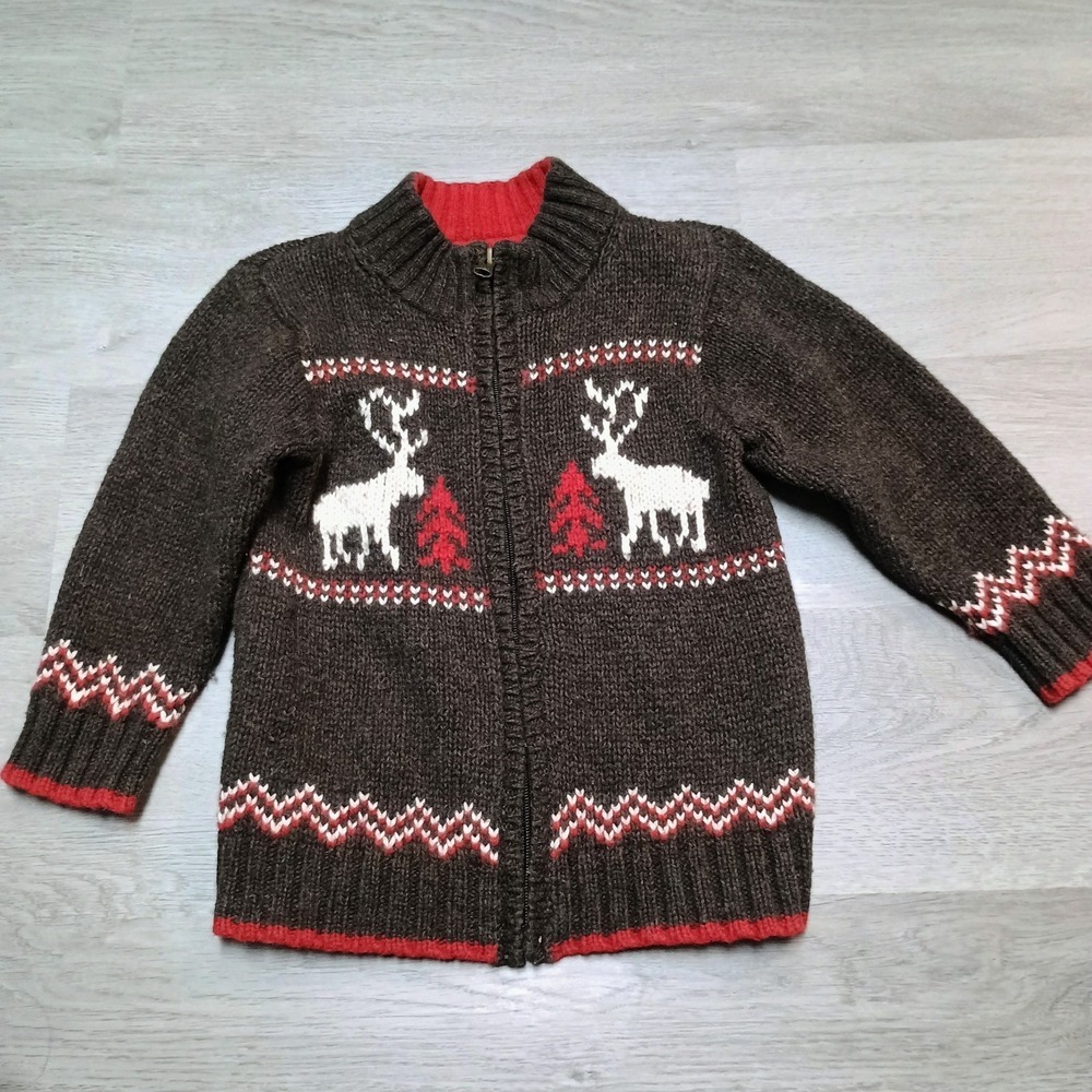 Osh Kosh Brown Moose Wool Cotton Cabin Winter Zip Up Sweater Kids 3T